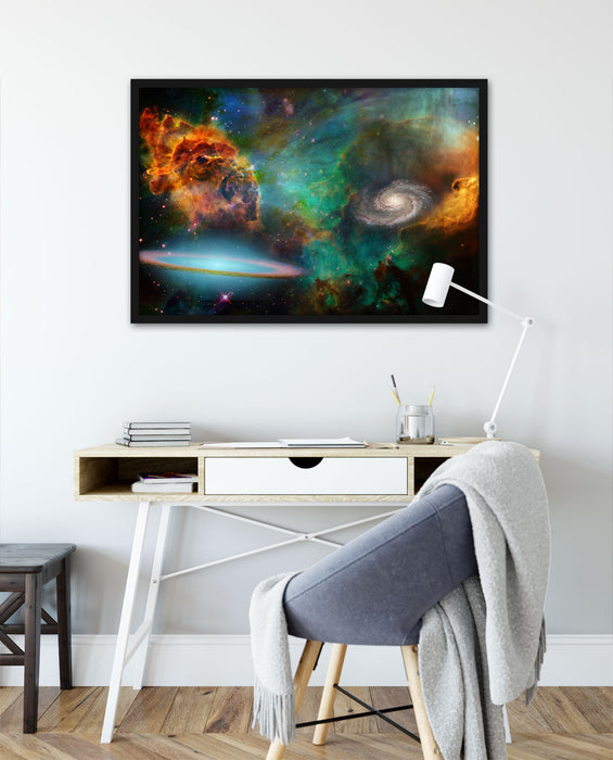 Galaxie mit Sternennebel, Poster mit Bilderrahmen