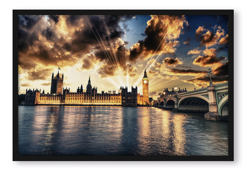 Pixxprint Big Ben am Abend, Poster mit Bilderrahmen