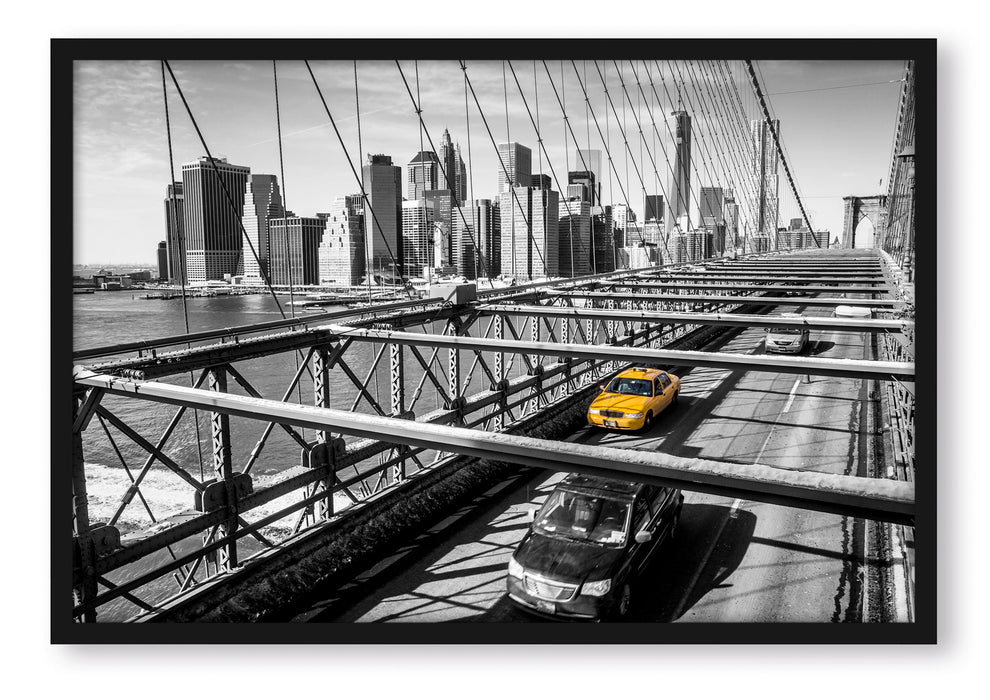 Pixxprint Gelbes Taxi in New York auf Brücke, Poster mit Bilderrahmen