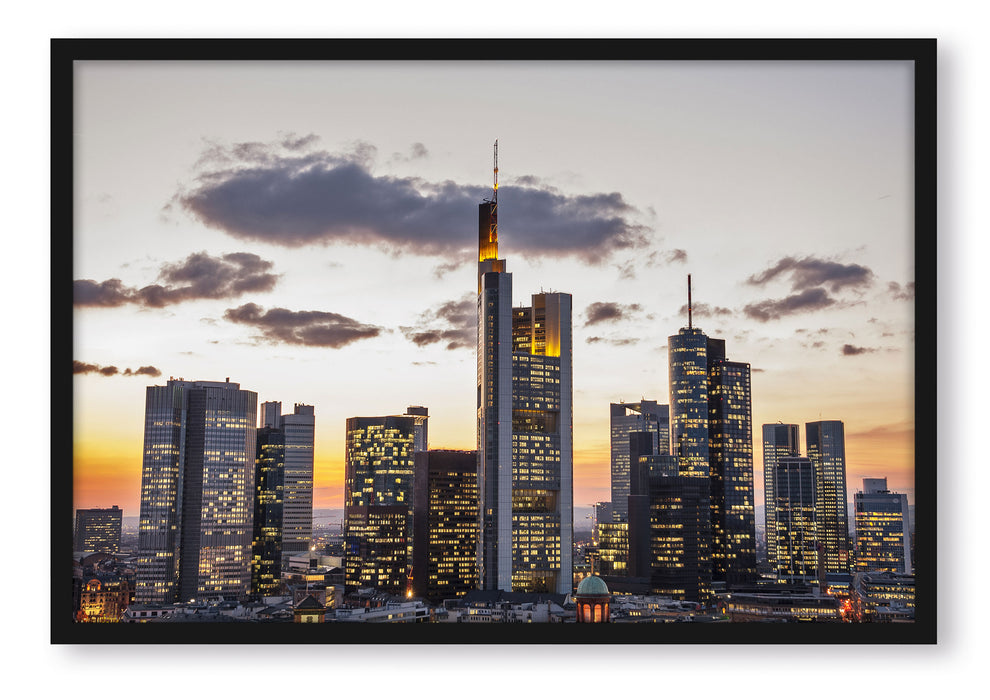 Pixxprint Wolkenkratzer bei Sonnenuntergang, Poster mit Bilderrahmen