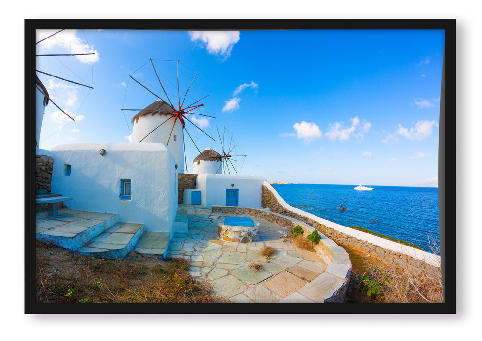 Windmühlen im Mittelmeer, Poster mit Bilderrahmen