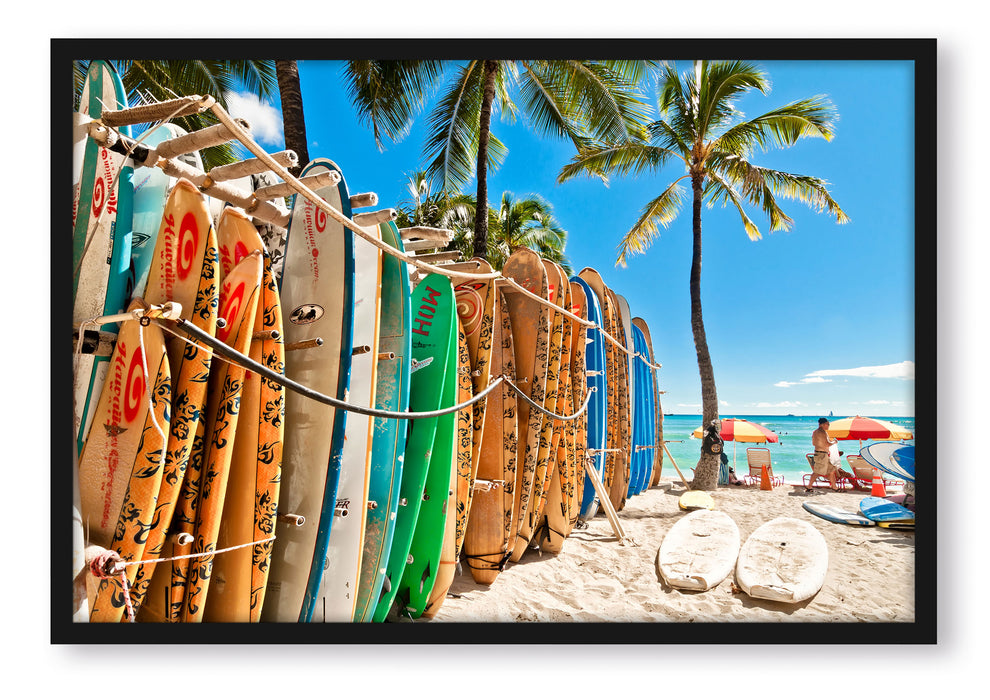 Pixxprint Surfboards am Strand, Poster mit Bilderrahmen