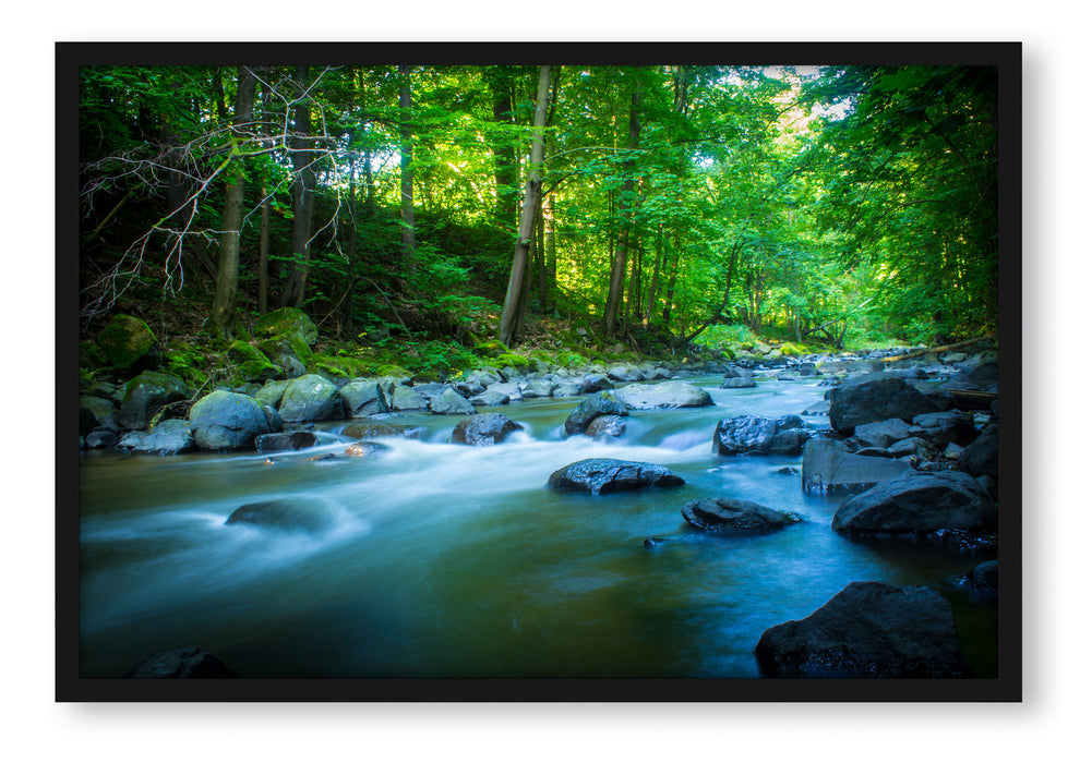 Fluss mit Steinen, Poster mit Bilderrahmen