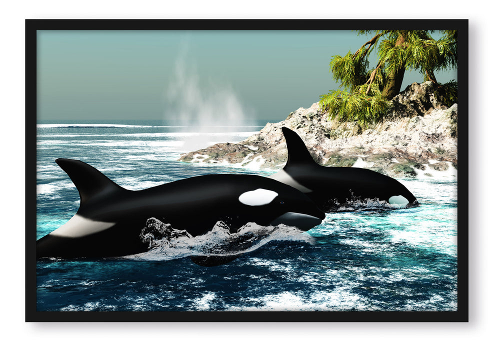 Pixxprint Orcas vor Insel, Poster mit Bilderrahmen