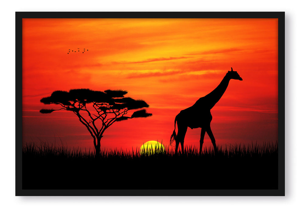 Pixxprint Giraffe im Sonnenuntergang, Poster mit Bilderrahmen