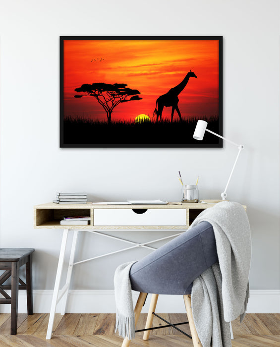 Giraffe im Sonnenuntergang, Poster mit Bilderrahmen