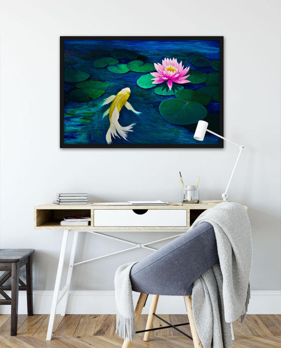 Koi mit Seerose Kunst, Poster mit Bilderrahmen