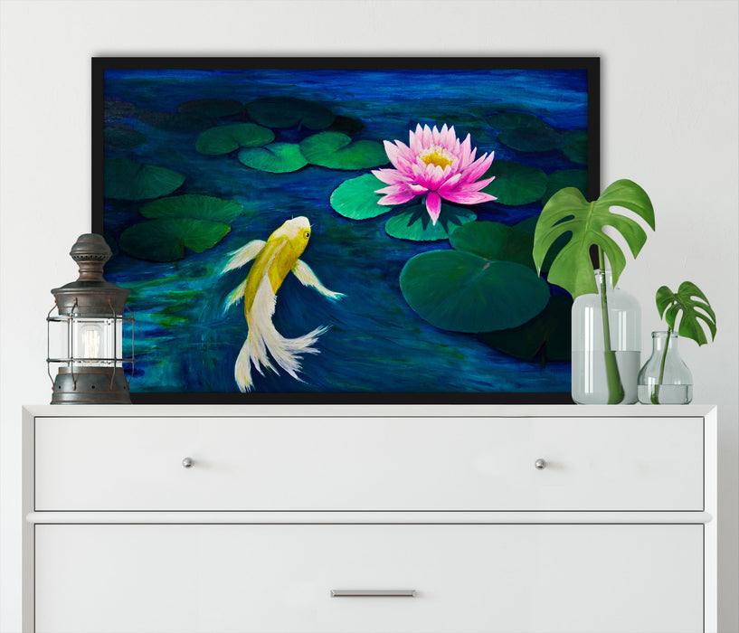 Koi mit Seerose Kunst, Poster mit Bilderrahmen