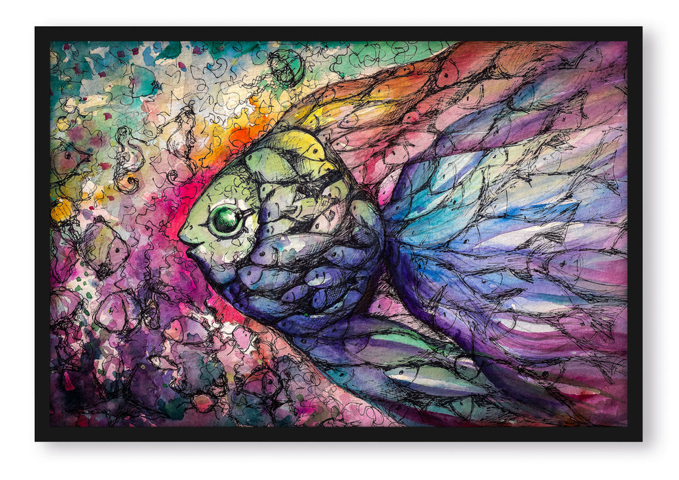 Pixxprint Bunte Fische Kunst, Poster mit Bilderrahmen