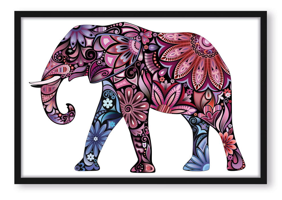 Pixxprint Elefant mit Ornamenten, Poster mit Bilderrahmen