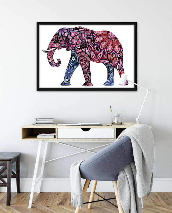 Elefant mit Ornamenten, Poster mit Bilderrahmen