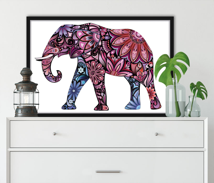 Elefant mit Ornamenten, Poster mit Bilderrahmen