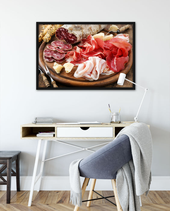 Brotzeit mit Wurst, Poster mit Bilderrahmen