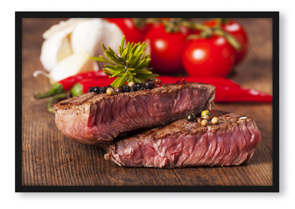 Pixxprint Saftiges Pfeffer Steak, Poster mit Bilderrahmen