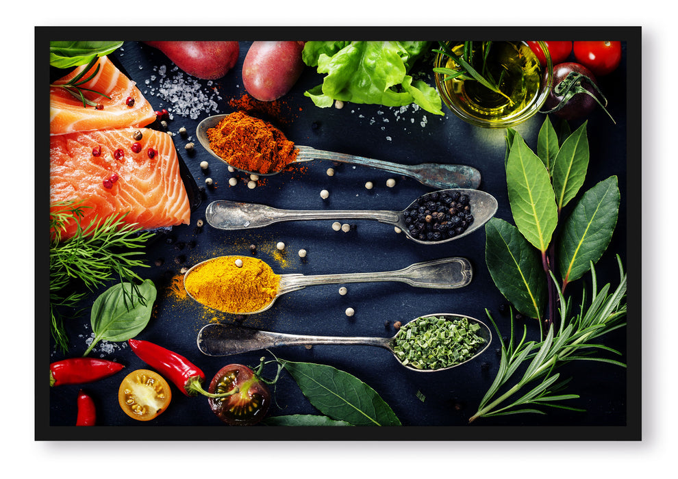 Pixxprint Feine Gewürze auf Löffeln, Poster mit Bilderrahmen