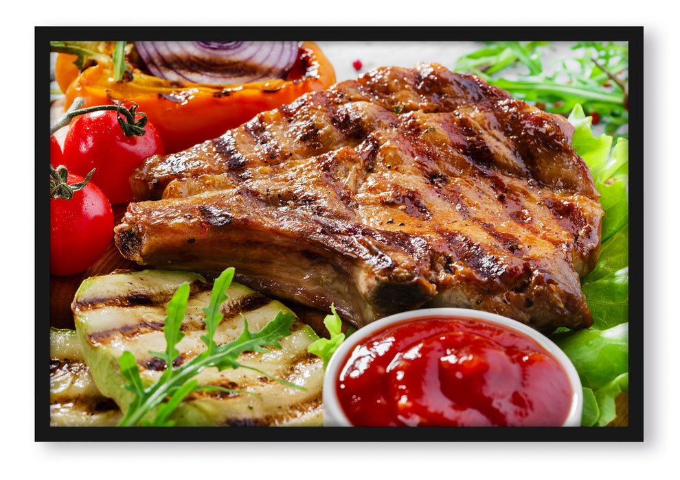 Pixxprint Gegrilltes Steak, Poster mit Bilderrahmen