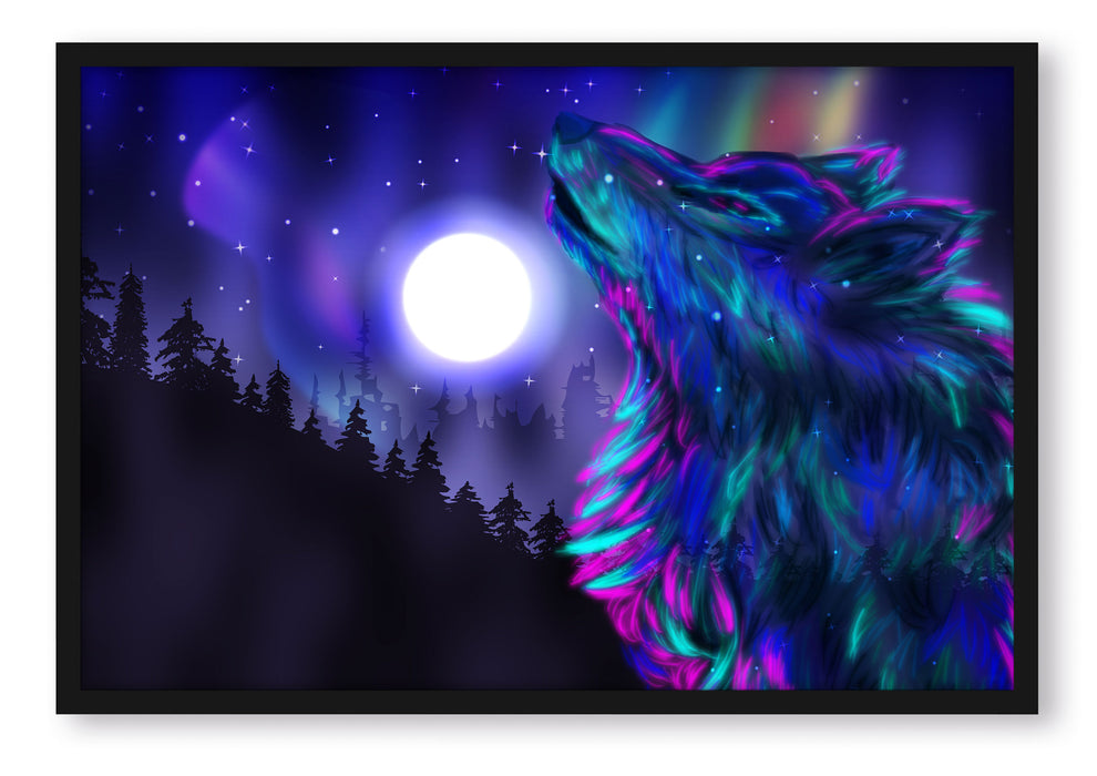 Pixxprint Abstrakter Wolf mit Mond, Poster mit Bilderrahmen