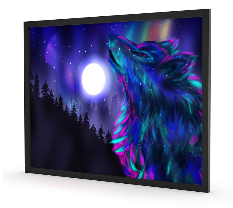 Abstrakter Wolf mit Mond, Poster mit Bilderrahmen