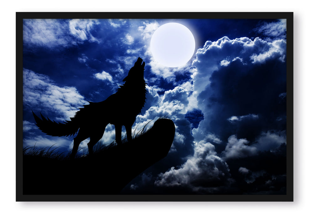 Wolf im Mondschein, Poster mit Bilderrahmen