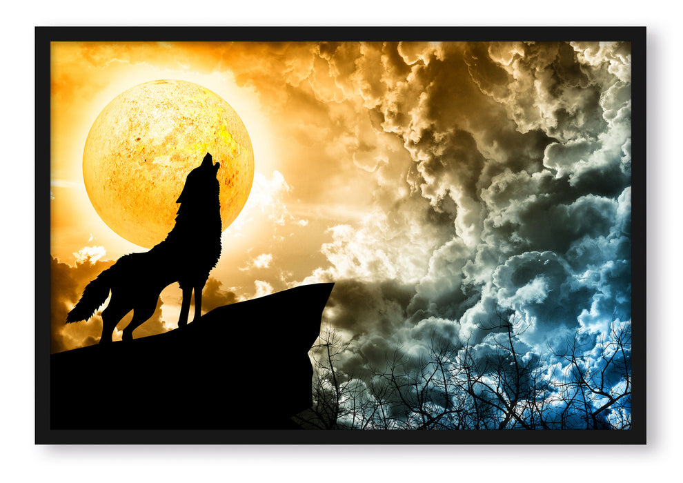 Wolf heult den Mond an, Poster mit Bilderrahmen