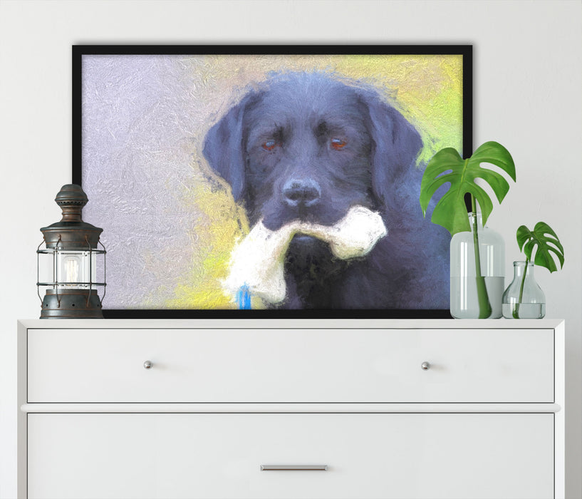 schwarzer Labrador mit Spielzeug, Poster mit Bilderrahmen