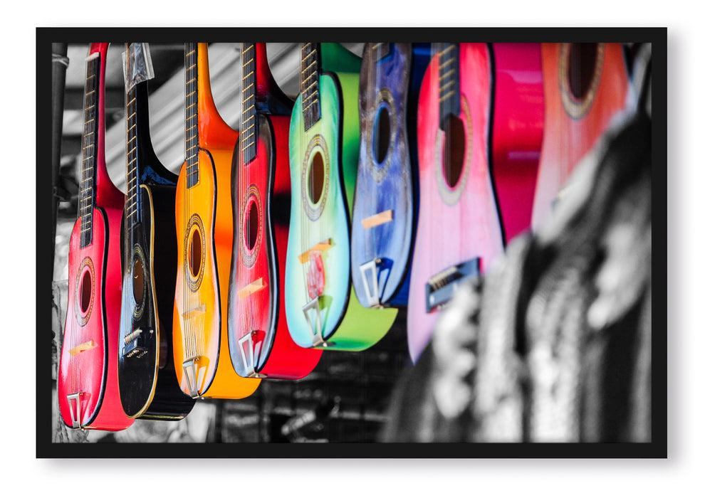 Pixxprint klassische Gitarren auf dem Markt, Poster mit Bilderrahmen