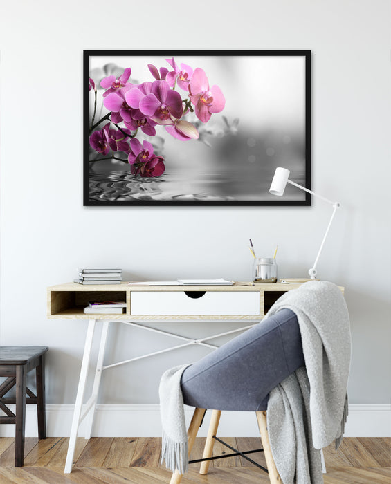 Orchideenblüten über Wasser, Poster mit Bilderrahmen