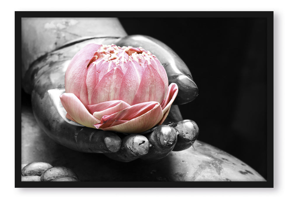 Lotus in einer Hand eines Buddhas, Poster mit Bilderrahmen