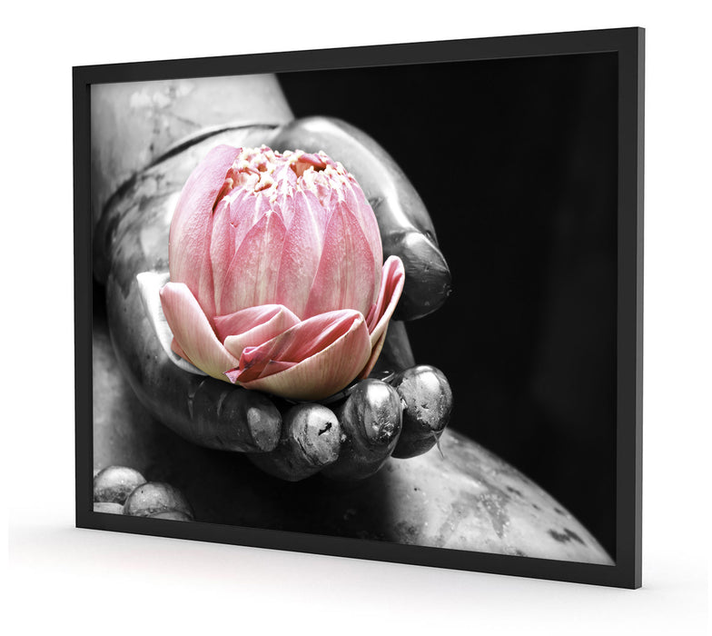 Lotus in einer Hand eines Buddhas, Poster mit Bilderrahmen