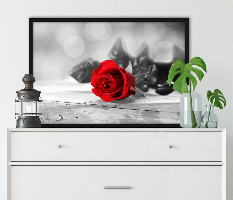 Rose auf Holztisch, Poster mit Bilderrahmen