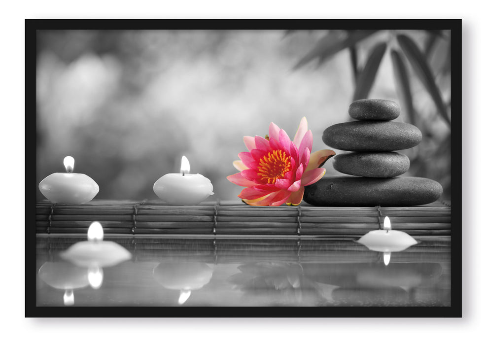 Pixxprint Seerose Zen Steine Kerzen, Poster mit Bilderrahmen