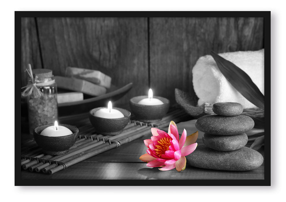 Pixxprint Kerzen Seerose Zen Steine, Poster mit Bilderrahmen