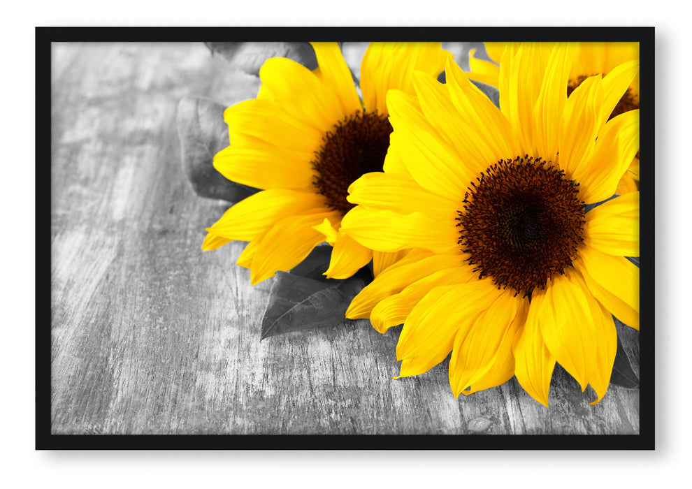 Pixxprint schöne Sonnenblumen auf Holztisch, Poster mit Bilderrahmen