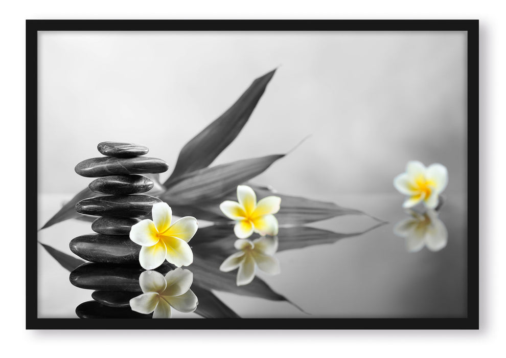 Monoi Blüten Zen Steinturm, Poster mit Bilderrahmen