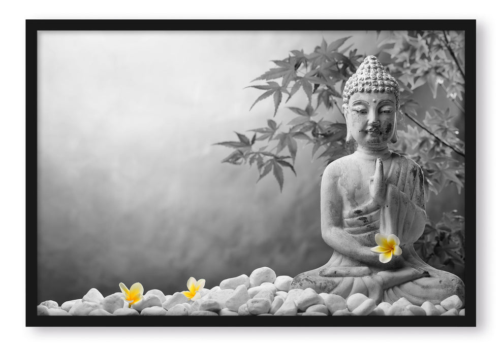 Pixxprint Buddha mit Monoi Blüte in der Hand, Poster mit Bilderrahmen