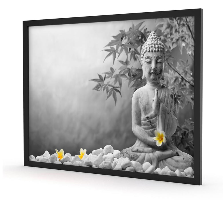 Buddha mit Monoi Blüte in der Hand, Poster mit Bilderrahmen