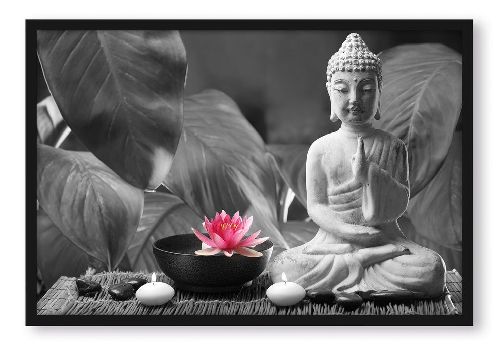 Pixxprint Buddha mit Seerose, Poster mit Bilderrahmen