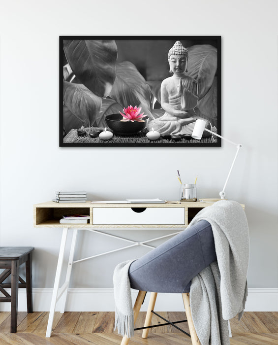 Buddha mit Seerose, Poster mit Bilderrahmen