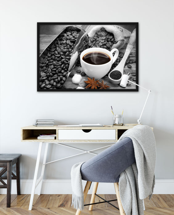 Kaffee neben Kaffeebohnen, Poster mit Bilderrahmen