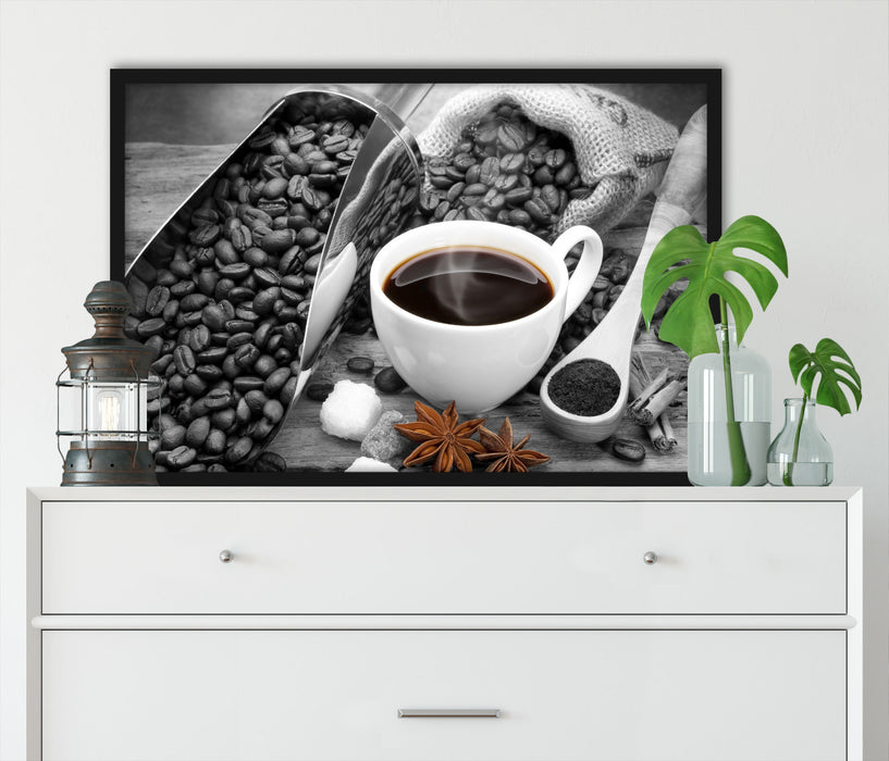 Kaffee neben Kaffeebohnen, Poster mit Bilderrahmen
