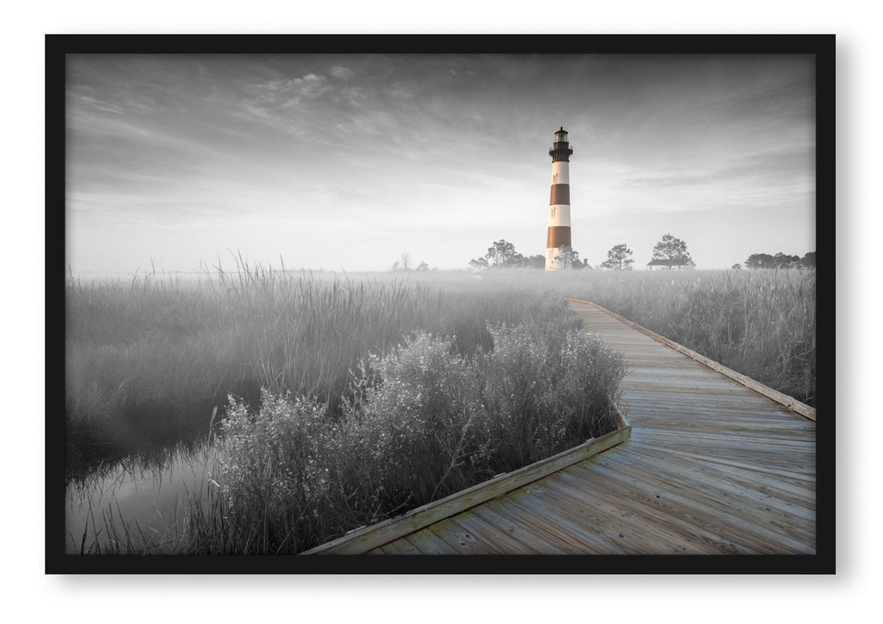 Pixxprint schöner Leuchtturm mit Steg, Poster mit Bilderrahmen