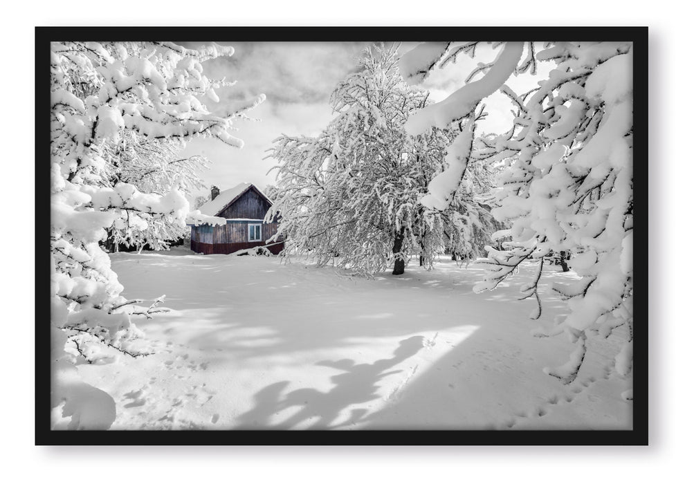 Pixxprint Hütte in schöner Winterlandschaft, Poster mit Bilderrahmen