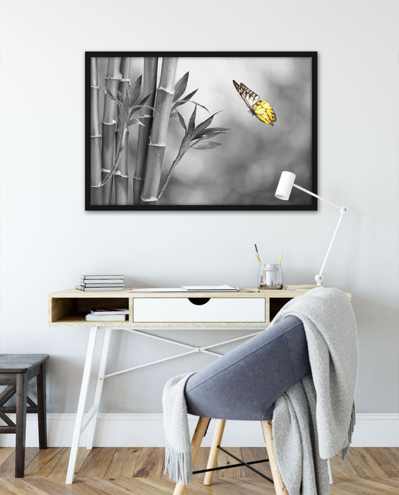 schöner Schmetterling vor Bambus, Poster mit Bilderrahmen