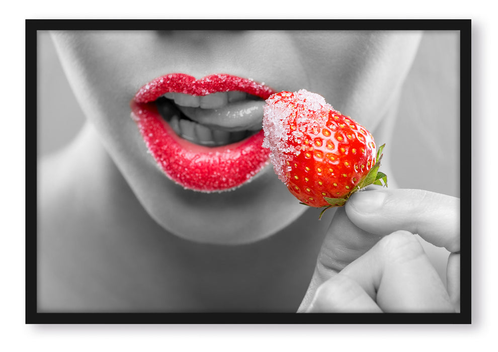 Pixxprint Erdbeere mit Zucker, Poster mit Bilderrahmen