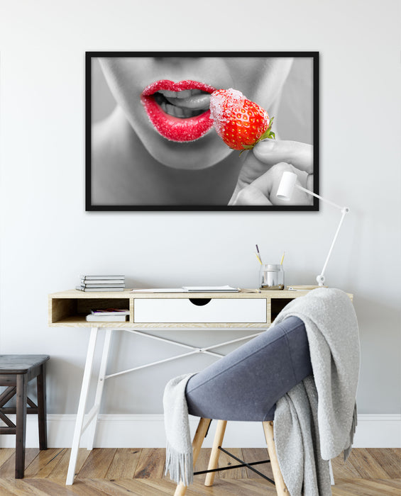 Erdbeere mit Zucker, Poster mit Bilderrahmen