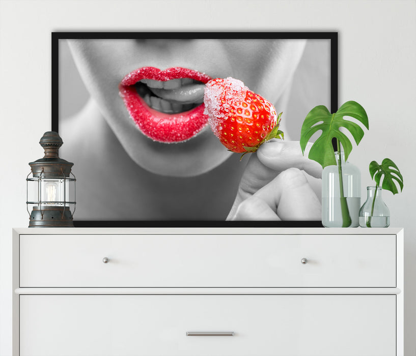 Erdbeere mit Zucker, Poster mit Bilderrahmen