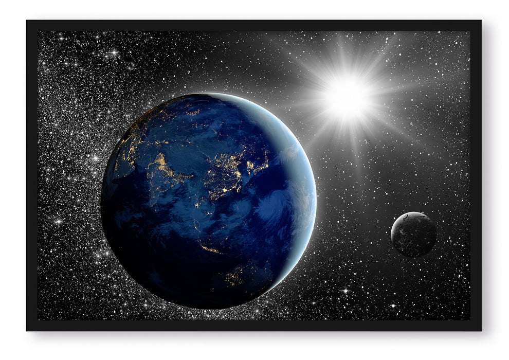Pixxprint Erde mit Sonne im Weltall, Poster mit Bilderrahmen