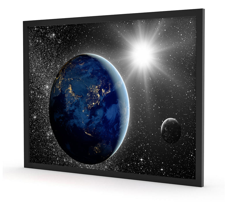 Erde mit Sonne im Weltall, Poster mit Bilderrahmen