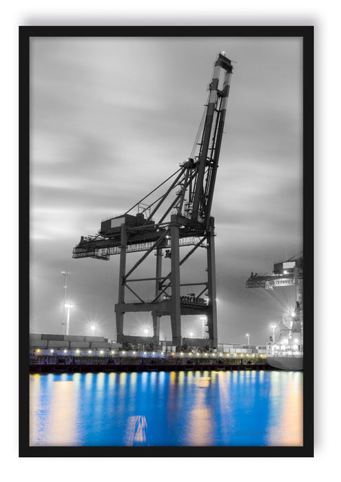 Pixxprint großer Containerkran im Hafen, Poster mit Bilderrahmen