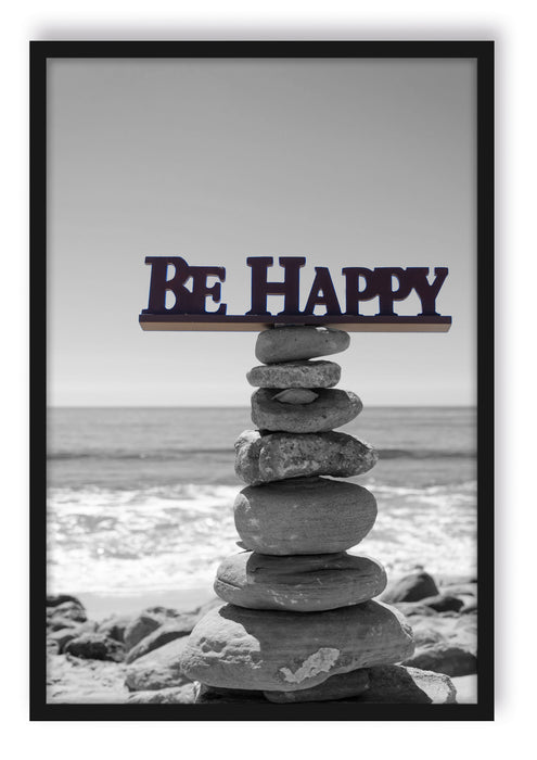 Pixxprint Be Happy Steinturm, Poster mit Bilderrahmen